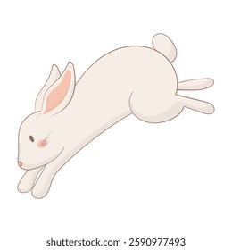 Jumping white rabbit with long ears and small tail. Graceful leap with stretched paws. Energetic and fast-moving bunny in motion