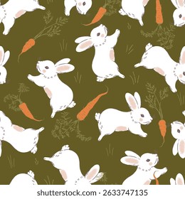 Jumping White Rabbits with Carrots Vector Seamless Pattern