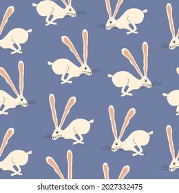 Jumping white rabbits with long ears. Running hare on a blue background. Cute bunny character hand drawn vector illustration. Animal seamless pattern.