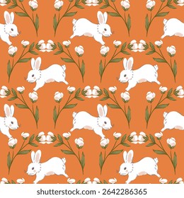 Jumping White Rabbits Under Flowers Vector Seamless Pattern