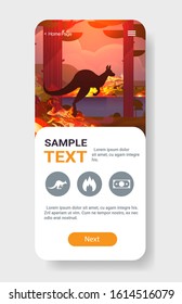 jumping wild animal kangaroo forest fires dangerous wildfire bush fire burning trees natural disaster concept intense orange flames smartphone screen mobile app vertical copy space vector illustration