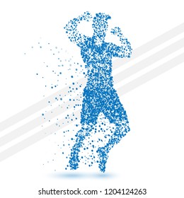 Jumping winner man symbolizing success made of small blue particles. Abstract vector illustration