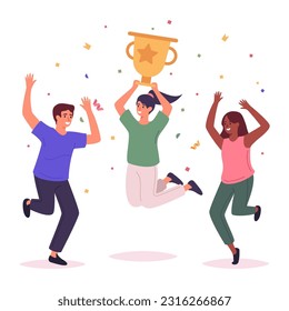 Saltando del equipo ganador. Gente feliz y recompensada, exitosa gente de trabajo en equipo con goblet, ganadora de concepto de ilustración vectorial plana