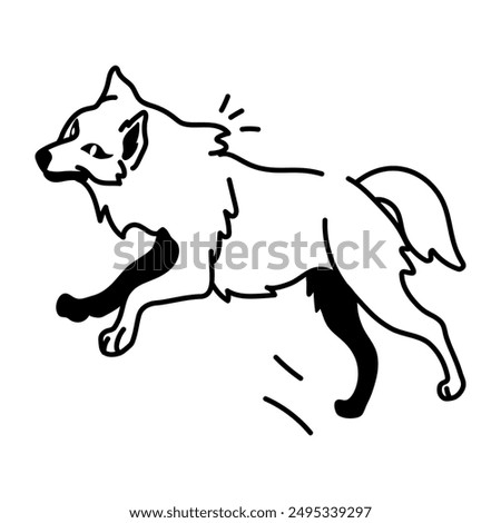Jumping wolf icon in doodle style 
