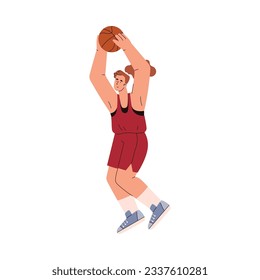 Jumping woman basketball player flat style, vector illustration isolated on white background. Sport game, decorative design element, smiling female character, athletic girl