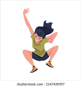 Jumping Woman Character Feeling Freedom and Motion Flying in Mid Air Vector Illustration