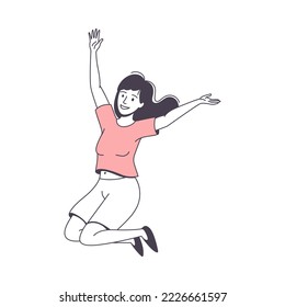 Jumping Woman Character Feeling Happy and Excited Rejoicing Vector Illustration