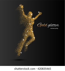 Jumping Woman in the Form of Gold Particles on Black