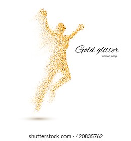 Jumping Woman in the Form of Gold Particles on White