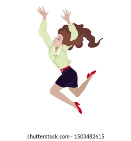 Jumping woman isolated on white background. Happy woman in casual clothes. Front view. Office worker. The concept of success at work, career, profitable deal. Flat style cartoon vector illustration