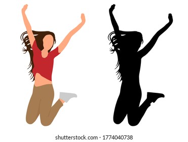 Jumping woman rejoices in victory, colorful and black silhouette. Vector illustration