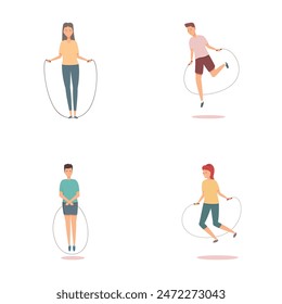 Jumping workout icons set cartoon vector. Young people jumping rope. Physical activity