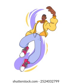 Jumping young character. Happy guy bouncing. Excited man flying pose. Free flight. Falling motion. Floating dynamic body position. Freestyle fun dancing. Active movement. Vector joyful trendy person