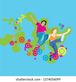 Jumping young couple illustration (vector)