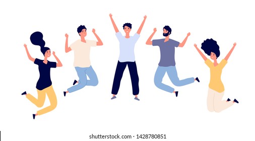 Jumping young happy people. Man and woman teenagers celebrating jump, flying persons in air. Flat vector characters isolated set. People young excited and celebrating, positive success illustration