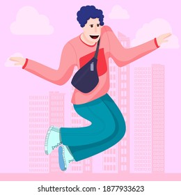 
jumping young man with belt bag against cityscape background in pink tone
