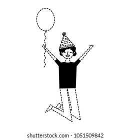 jumping young man party hat and balloon celebration