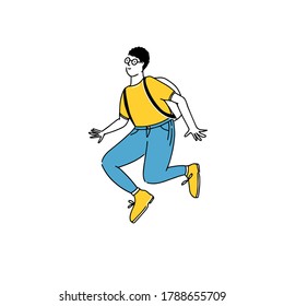 Saltando un joven con gafas redondas, tee amarillo y jeans azules. Estudiante en el aire. Un tipo alegre celebrando. Ilustración del vector Doodle