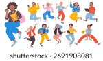 Jumping young people. Set of cheerful characters, girls and boys, jumping. Happy students. Flat style vector illustration