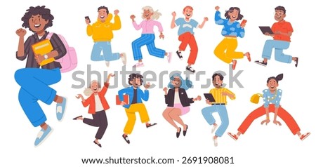 Jumping young people. Set of cheerful characters, girls and boys, jumping. Happy students. Flat style vector illustration