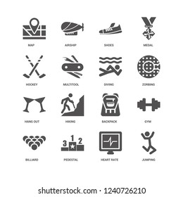 Jumping, Zorbing, Diving, Billiard, Gym, Map, Hockey, Hang out, Heart rate, Pedestal, Shoes icon 16 set EPS 10 vector format. Icons optimized for both large and small resolutions.