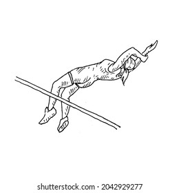 Jumping.a female athlete jumps over a pole with somersault.Retro vintage sketch vector illustration. Engraving style. black isolated on white background. vector draw graphic design illustration sketch