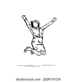 Jumping.a woman jumping happily, hands up open, legs bent inward, smiling happiness.	Retro vintage sketch vector illustration. Engraving style. black isolated on white background. vector draw graphic