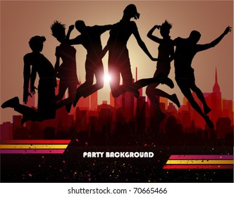 Jumps over city. Party background, vector illustration.