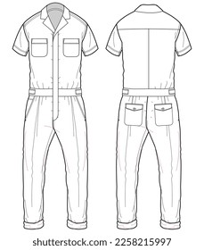 Jumpsuit  flat sketch fashion illustration technical drawing with front and back view, Short sleeve Overalls safety uniform technical drawing sketch vector template