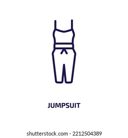 Jumpsuit Icon aus der Kollektion. Dünner linearer Springanzug, Kleid, Konfektionssymbol einzeln auf weißem Hintergrund. Zeilensymbol für Vektorjumpsuit, Symbol für Web und Mobile