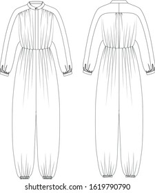 Jumpsuit with long sleeve front and back view, vector fashion illustration