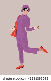 Jumpsuit shopping girl with red bag en shoes purple garment and had