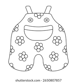 Macacão. Esboço. Calça bonita com suspensórios, um bolso e botões, decorado com um padrão floral. Ilustração vetorial. Contorno em um plano de fundo branco isolado. Estilo Doodle. Livro de colorir.