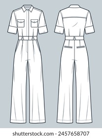 Jumpsuit technical fashion Illustration. Casual Jumpsuit fashion flat technical drawing template, relaxed fit, pocket, button, short sleeve, front and back view, white, women, men, unisex CAD mockup.