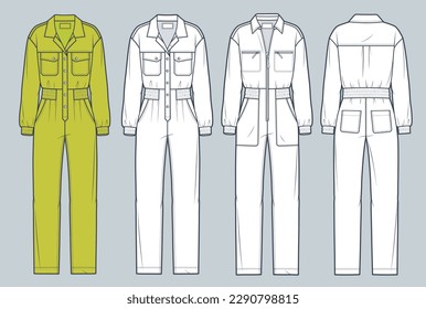 Jumpsuit technical fashion Illustration. Overall, Bodysuit fashion flat technical drawing template, oversize, zip up, buttons, front and back view, white, lime, women, men, unisex CAD mockup set.    