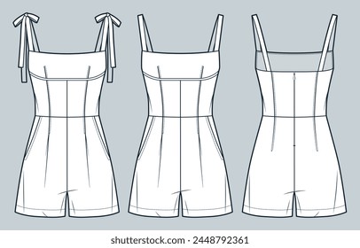 Jumpsuit de moda técnica Ilustración. Plantilla de dibujo técnico plano de la moda del mono corto, correas, cremallera trasera, vista delantera y trasera, blanco, conjunto de maqueta de CAD de las mujeres.