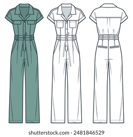 Jumpsuit technical fashion Illustration. Utility Jumpsuit fashion flat technical drawing template, short sleeve, buttons, relaxed fit, front, back view, white, green, women, men, unisex CAD mockup set