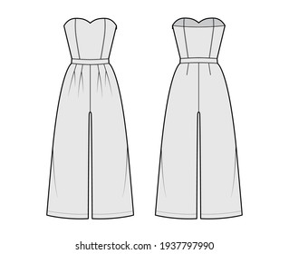 Jumpsuits culotte overall technical fashion illustration with ankle length, normal waist, high rise, double pleats, strapless. Flat apparel front back, grey color style. Women, men unisex CAD mockup