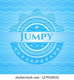 Jumpy light blue water style badge.