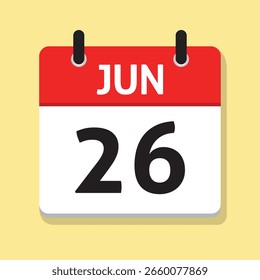 Jun 26th. June. Twenty Six. Daily Calendar in Flat Design Vector. Month. Date Icon. Time Concept. Day Illustration.