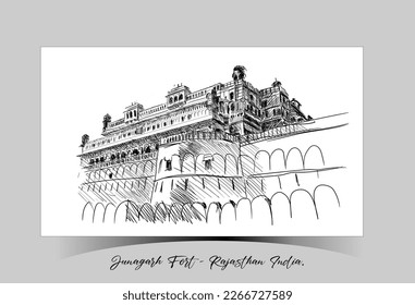 Junagarh Fort 
at Bikaner, Rajasthan India. Illustration Art