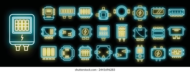 Junction box icons set outline vector. Cable connect. Electric plug neon color on black