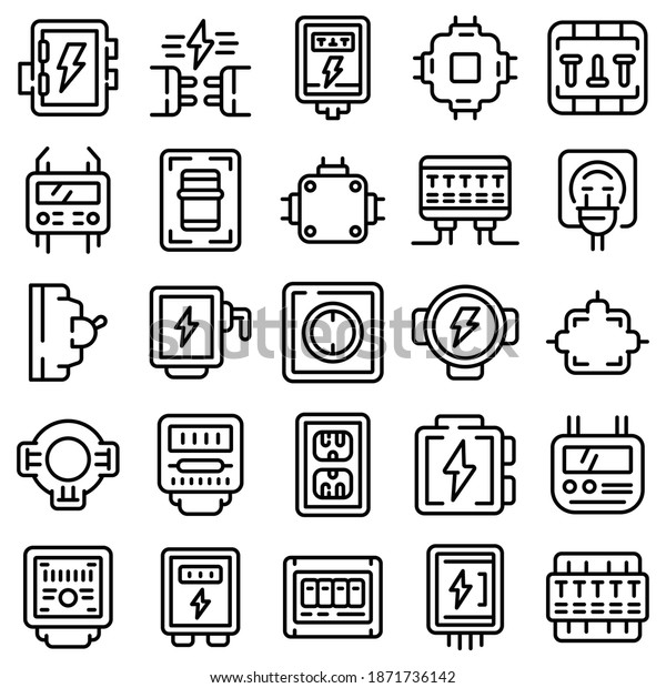Junction box icons\
set. Outline set of junction box vector icons for web design\
isolated on white\
background