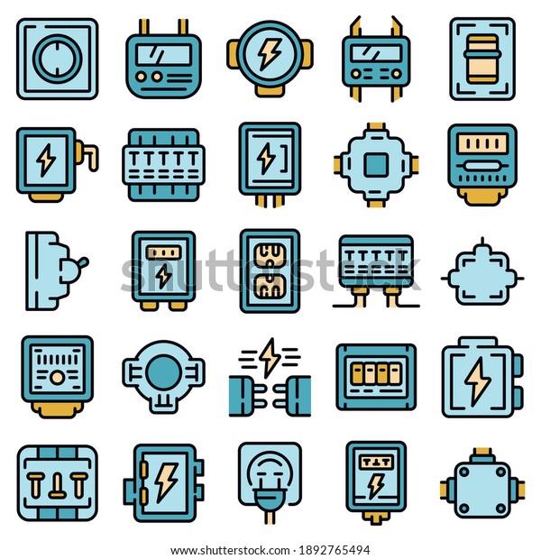Junction box icons set. Outline set\
of junction box vector icons thin line color flat on\
white