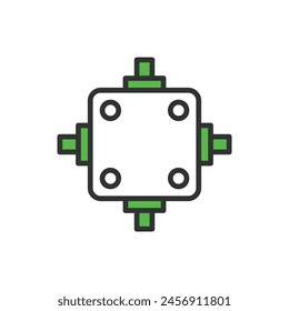 Junction box, in line design, green. Junction, box, electrical, connection, terminal, wiring, on white background vector. Junction box editable stroke icon.