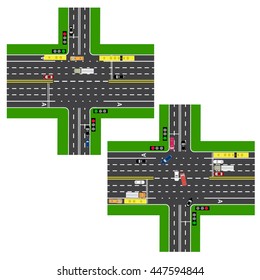 Junction Highway. roads, streets. The movement is regulated by traffic lights. Images of various cars, lanes for public transport. View from above. Vector illustration