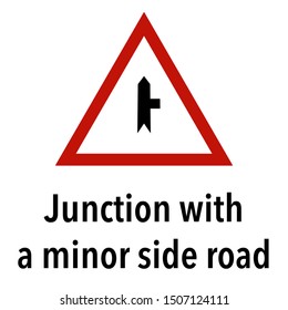 Junction with minor side road Information and Warning Road traffic street sign, vector illustration collection isolated on white background for learning, education, driving courses, sticker, icon.