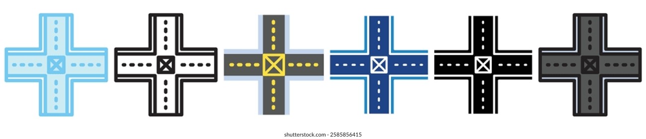Junction multi style, mini illustration icon. outline, flat, glyph, line color, UI, UX kit, app, web development, digital or print. For education, construction, transportation, traffic management.