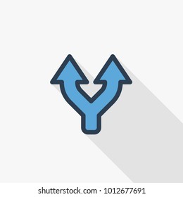 Junction, Separation, Two paths, ways thin line flat color icon. Linear vector illustration. Pictogram isolated on white background. Colorful long shadow design.