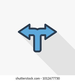 Junction, Separation, two paths, ways thin line flat color icon. Linear vector illustration. Pictogram isolated on white background. Colorful long shadow design.
